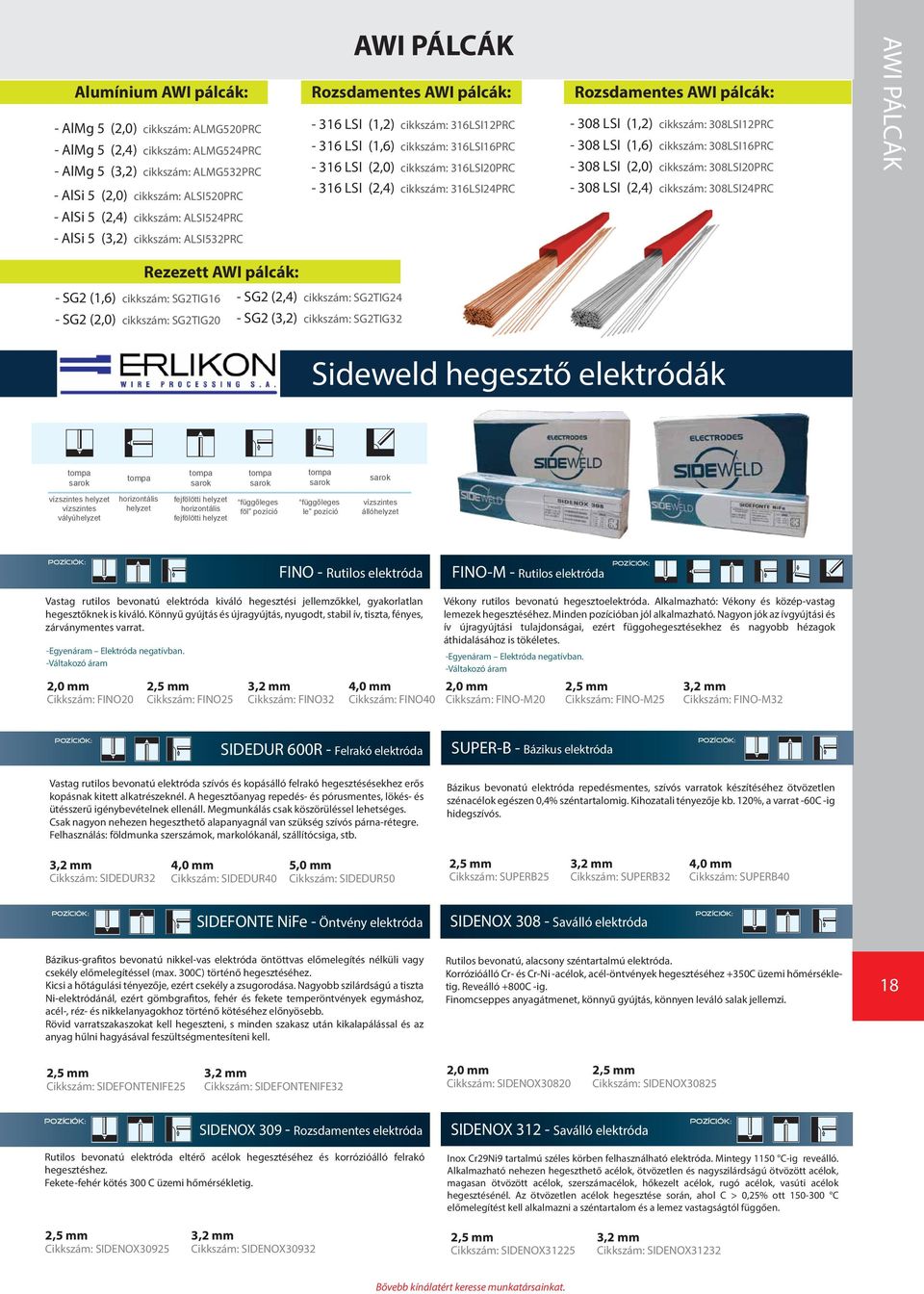 (1,2) cikkszám: 308LSI12PRC - 308 LSI (1,6) cikkszám: 308LSI16PRC - 308 LSI (2,0) cikkszám: 308LSI20PRC - 308 LSI (2,4) cikkszám: 308LSI24PRC AWI PÁLCÁK - AlSi 5 (2,4) cikkszám: ALSI524PRC - AlSi 5