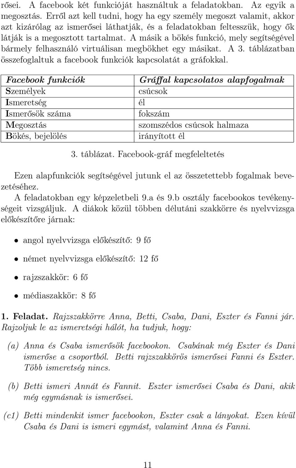 A másik a bökés funkció, mely segítségével bármely felhasználó virtuálisan megbökhet egy másikat. A 3. táblázatban összefoglaltuk a facebook funkciók kapcsolatát a gráfokkal.