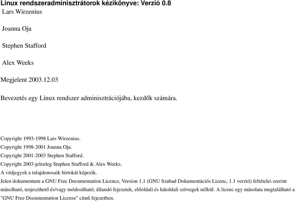 Copyright 2003-jelenleg Stephen Stafford & Alex Weeks. A védjegyek a tulajdonosaik birtokát képezik. Jelen dokumentum a GNU Free Documentation Licence, Version 1.