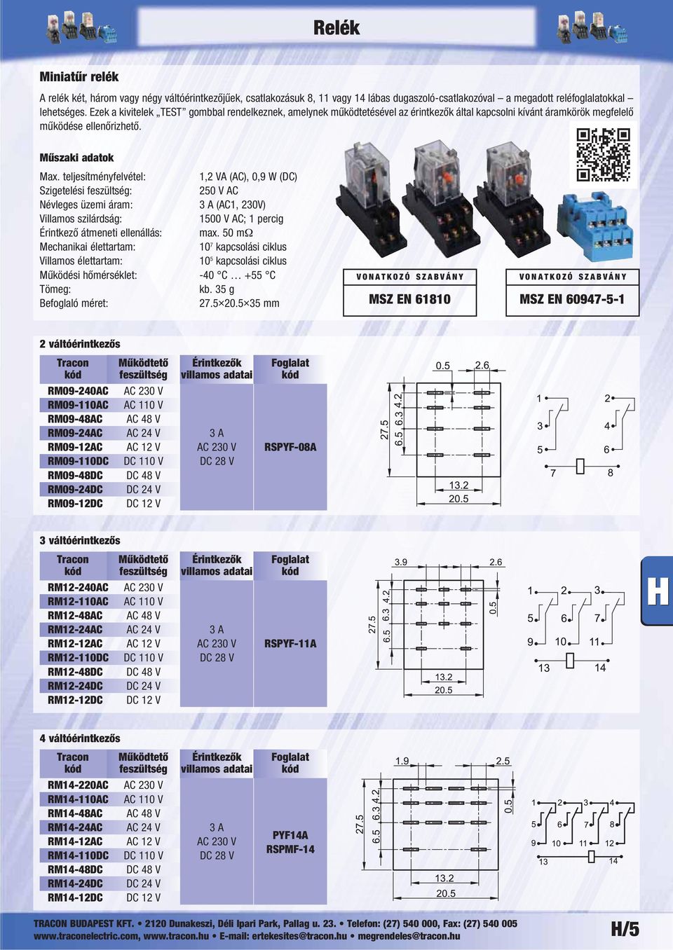 teljesítményfelvétel: 1,2 VA (AC), 0,9 W (DC) 250 V AC Névleges üzemi áram: 3 A (AC1, 230V) 1500 V AC; 1 percig 10 7 kapcsolási ciklus kb. 35 g Befoglaló méret: 27.5 20.