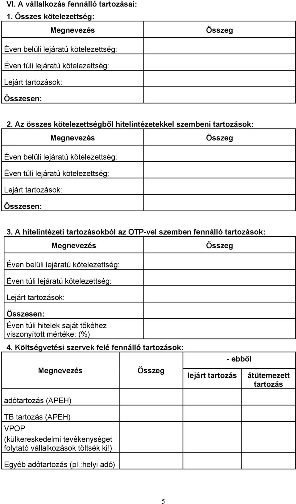 A hitelintézeti tartozásokból az OTP-vel szemben fennálló tartozások: Megnevezés Összeg Éven belüli lejáratú kötelezettség: Éven túli lejáratú kötelezettség: Lejárt tartozások: Összesen: Éven túli