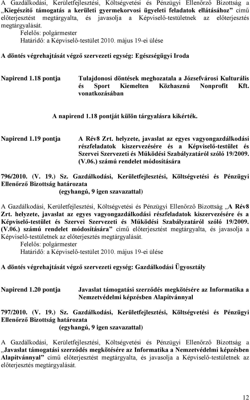 18 pontja Tulajdonosi döntések meghozatala a Józsefvárosi Kulturális és Sport Kiemelten Közhasznú Nonprofit Kft. vonatkozásában A napirend 1.18 pontját külön tárgyalásra kikérték. Napirend 1.