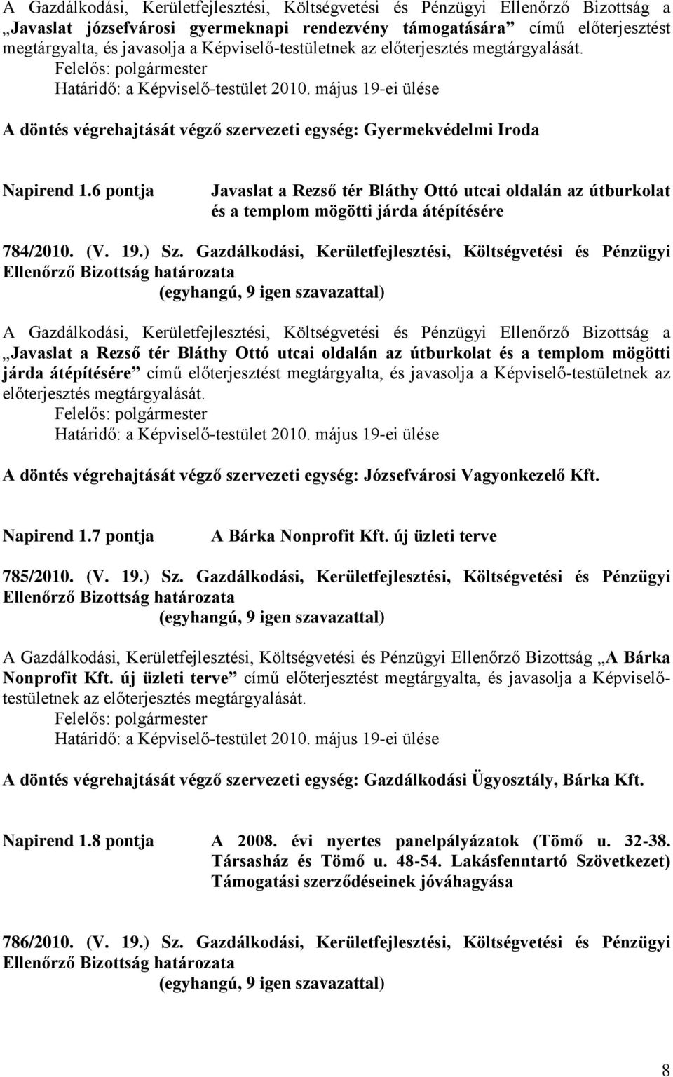 6 pontja Javaslat a Rezső tér Bláthy Ottó utcai oldalán az útburkolat és a templom mögötti járda átépítésére 784/2010. (V. 19.) Sz.