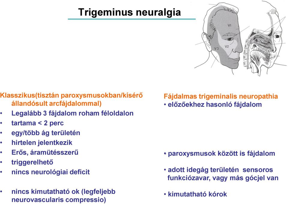 neurológiai deficit nincs kimutatható ok (legfeljebb neurovascularis compressio) Fájdalmas trigeminalis neuropathia