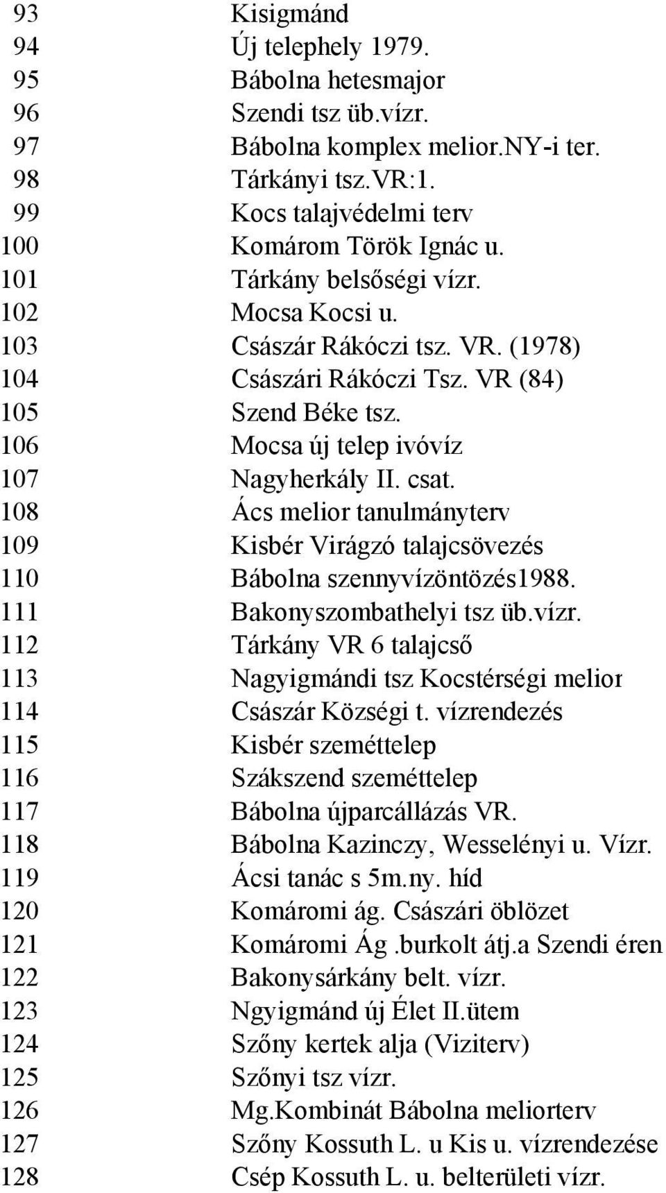 108 Ács melior tanulmányterv 109 Kisbér Virágzó talajcsövezés 110 Bábolna szennyvízöntözés1988. 111 Bakonyszombathelyi tsz üb.vízr.