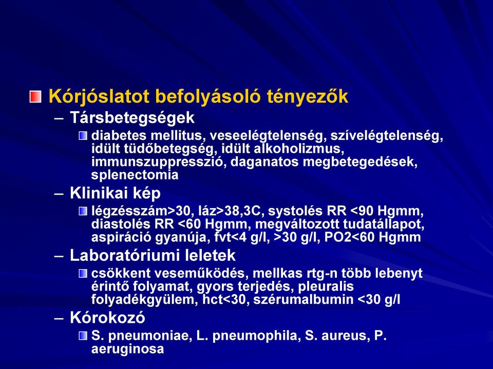 megváltozott tudatállapot, aspiráció gyanúja, fvt<4 g/l, >30 g/l, PO2<60 Hgmm Laboratóriumi leletek csökkent veseműködés, mellkas rtg-n több
