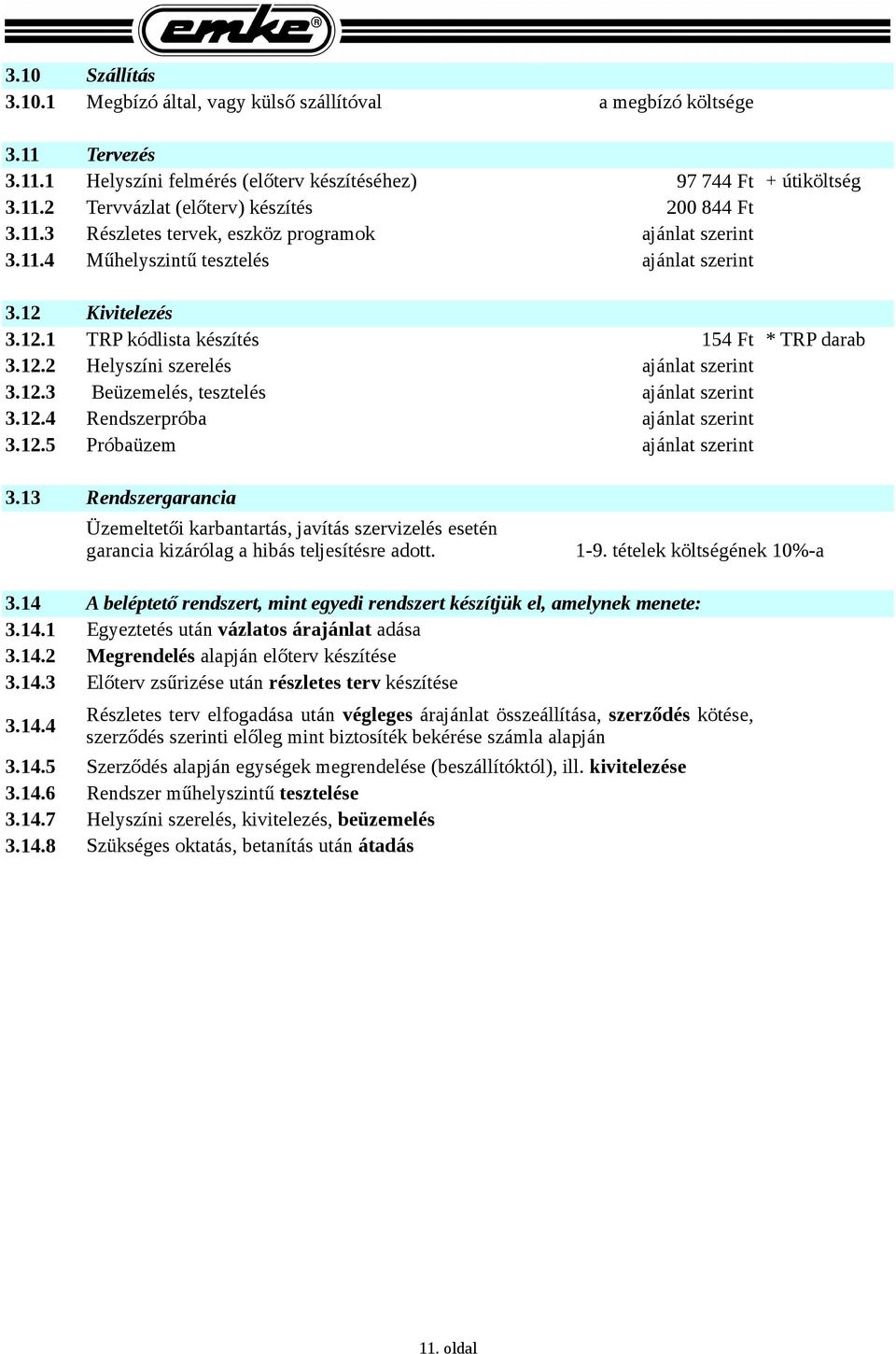 12.3 Beüzemelés, tesztelés ajánlat szerint 3.12.4 Rendszerpróba ajánlat szerint 3.12.5 Próbaüzem ajánlat szerint 3.