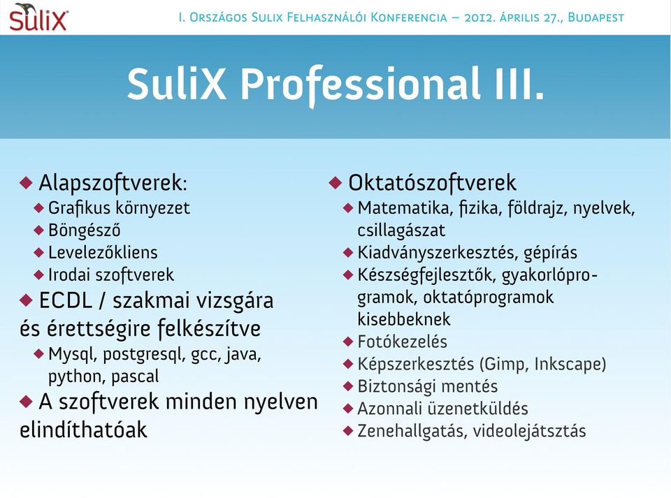 Mysql, postgresql, gcc, java, python, pascal A szoftverek minden nyelven elindíthatóak Oktatószoftverek Matematika, fizika,