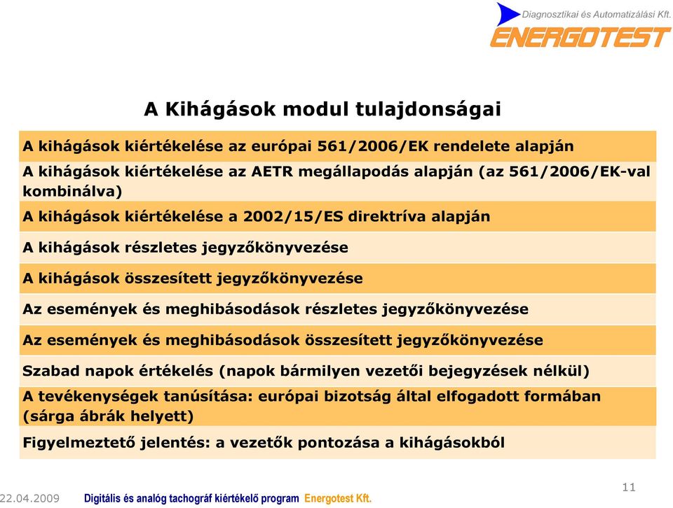 Az események és meghibásodások részletes jegyzőkönyvezése Az események és meghibásodások összesített jegyzőkönyvezése Szabad napok értékelés (napok bármilyen vezetői