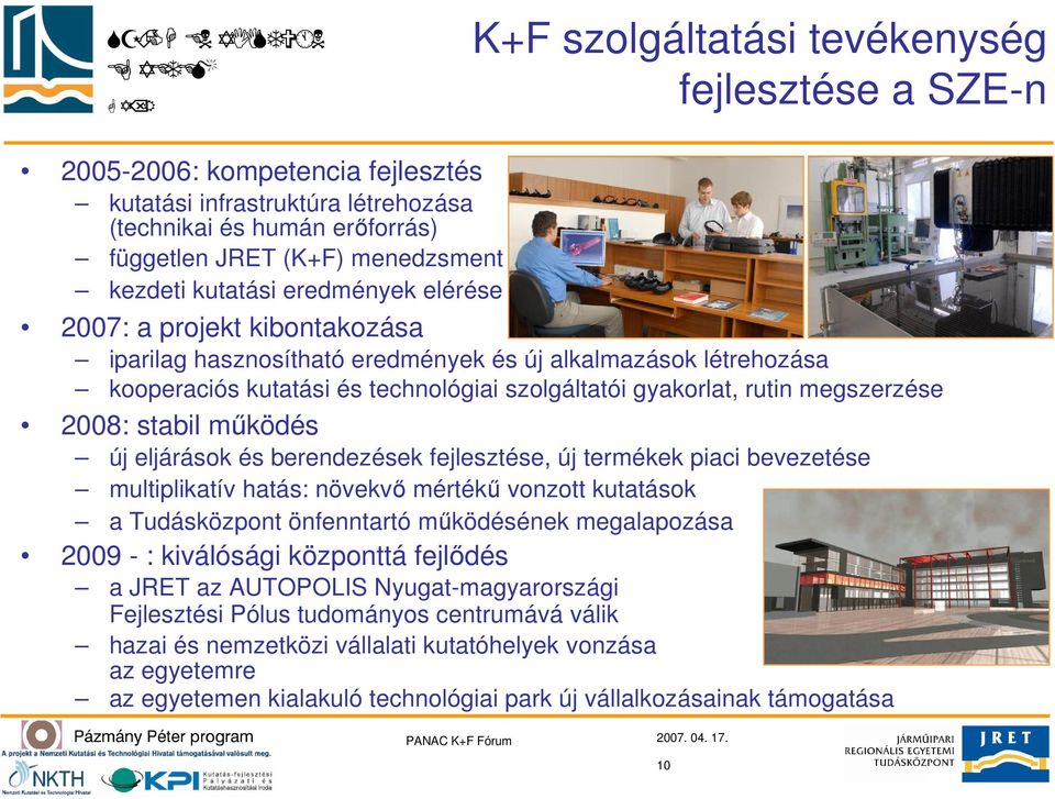 megszerzése 2008: stabil működés új eljárások és berendezések fejlesztése, új termékek piaci bevezetése multiplikatív hatás: növekvő mértékű vonzott kutatások a Tudásközpont önfenntartó működésének