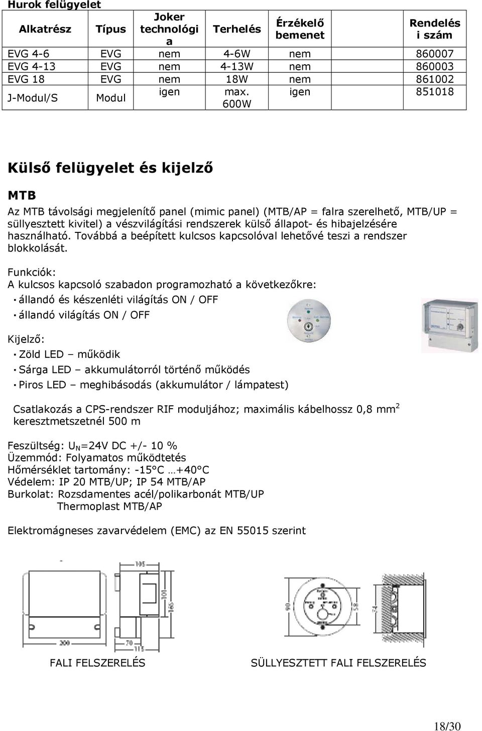 igen 851018 600W Külső felügyelet és kijelző MTB Az MTB távolsági megjelenítő panel (mimic panel) (MTB/AP = falra szerelhető, MTB/UP = süllyesztett kivitel) a vészvilágítási rendszerek külső állapot-