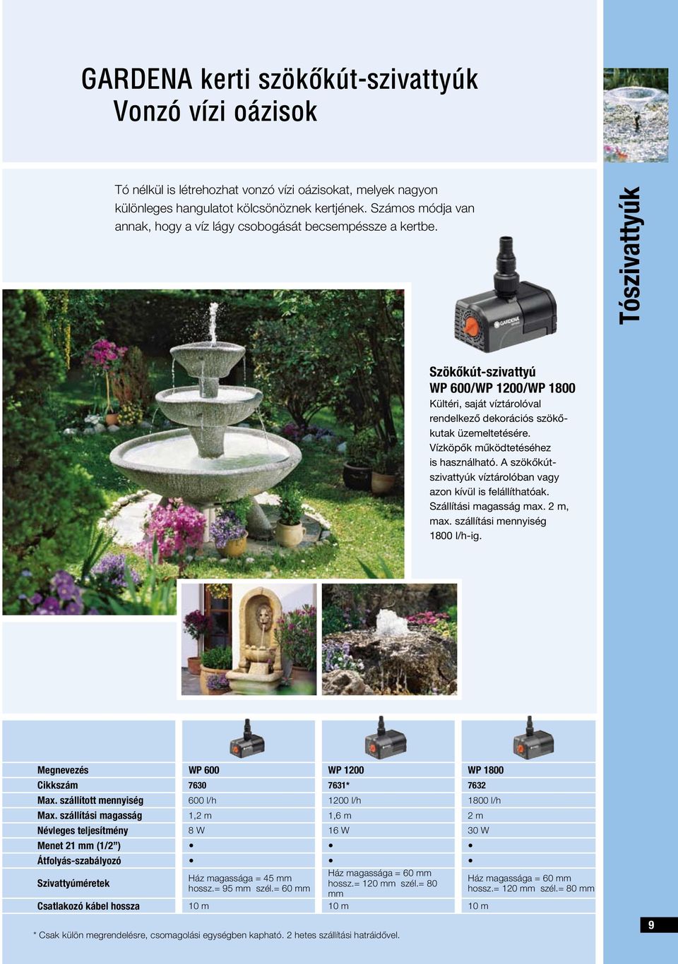 Tószivattyúk Szökőkút-szivattyú WP 600/WP 1200/WP 1800 Kültéri, saját víztárolóval rendelkező dekorációs szökőkutak üzemeltetésére. Vízköpők működtetéséhez is használható.