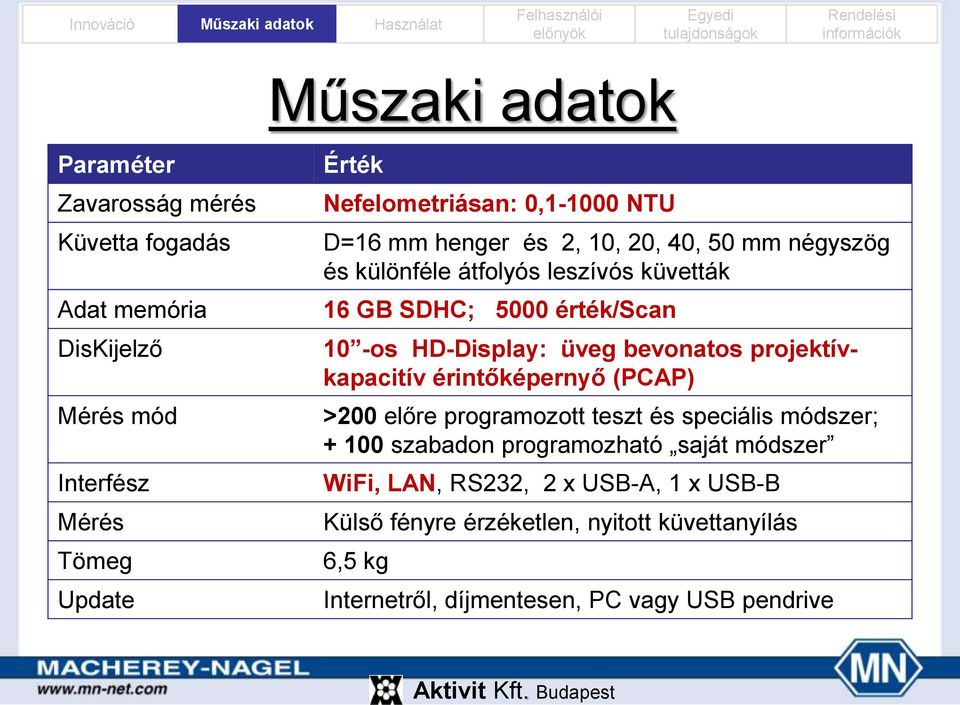 HD-Display: üveg bevonatos projektívkapacitív érintőképernyő (PCAP) >200 előre programozott teszt és speciális módszer; + 100 szabadon