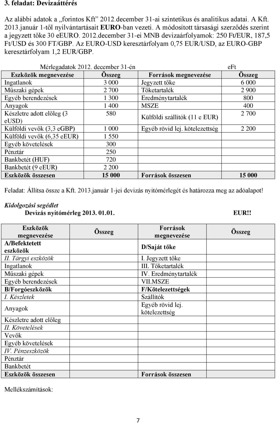 Az EURO-USD keresztárfolyam 0,75 EUR/USD, az EURO-GBP keresztárfolyam 1,2 EUR/GBP. Mérlegadatok 2012.