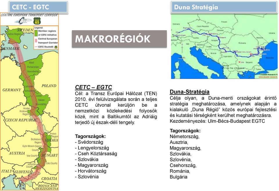 Tagországok: - Svédország - Lengyelország - Cseh Köztársaság - Szlovákia - Magyarország - Horvátország - Szlovénia Duna-Stratégia Célja olyan, a Duna-menti országokat érintő