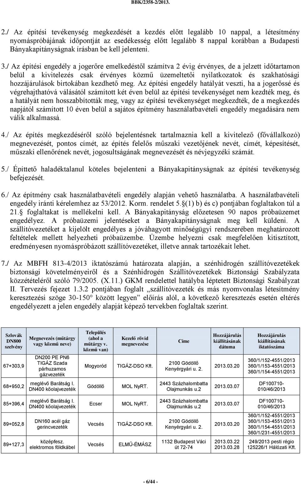 / Az építési engedély a jogerőre emelkedéstől számítva 2 évig érvényes, de a jelzett időtartamon belül a kivitelezés csak érvényes közmű üzemeltetői nyilatkozatok és szakhatósági hozzájárulások