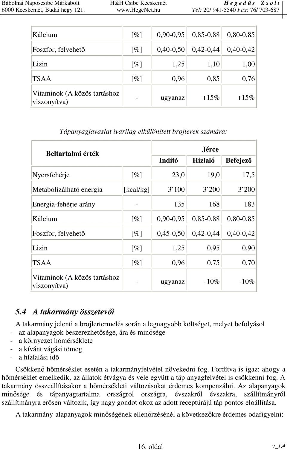 Energia-fehérje arány - 135 168 183 Kálcium [%] 0,90-0,95 0,85-0,88 0,80-0,85 Foszfor, felvehet [%] 0,45-0,50 0,42-0,44 0,40-0,42 Lizin [%] 1,25 0,95 0,90 TSAA [%] 0,96 0,75 0,70 Vitaminok (A közös