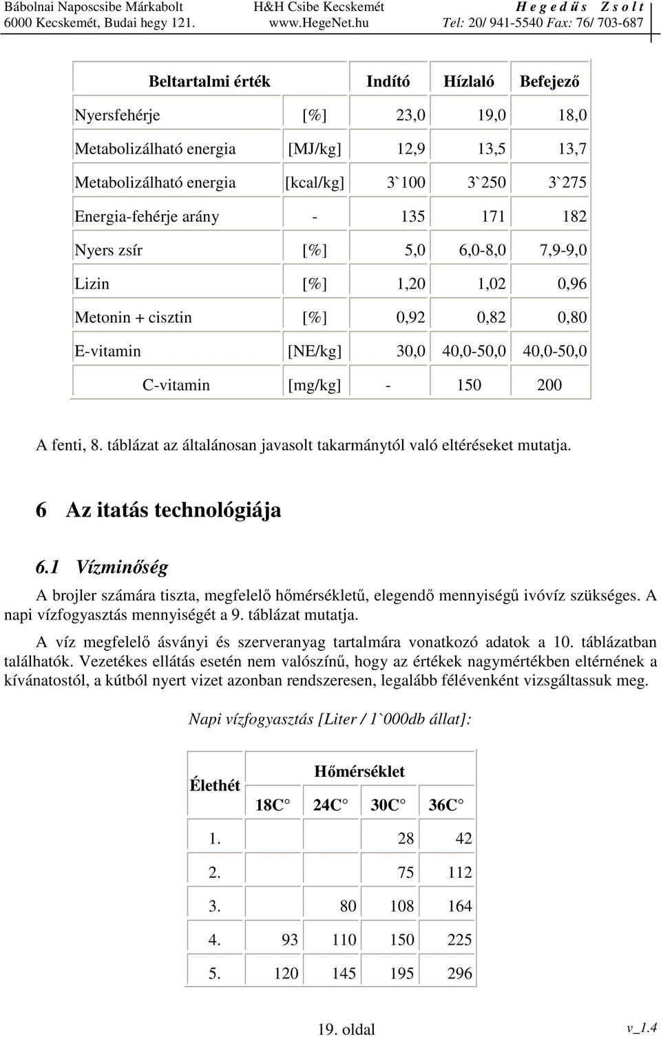 táblázat az általánosan javasolt takarmánytól való eltéréseket mutatja. 6 Az itatás technológiája 6.1 Vízminség A brojler számára tiszta, megfelel hmérséklet, elegend mennyiség ivóvíz szükséges.