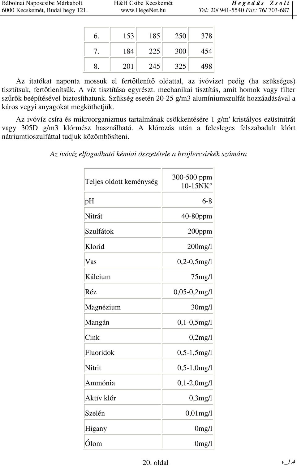 Az ivóvíz csíra és mikroorganizmus tartalmának csökkentésére 1 g/m' kristályos ezüstnitrát vagy 305D g/m3 klórmész használható.