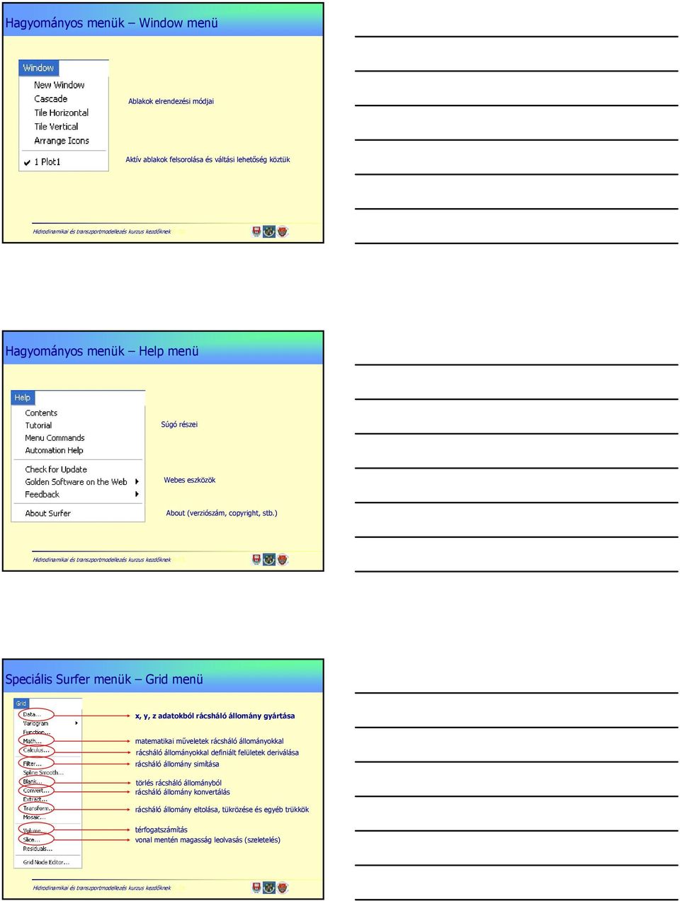 ) Speciális Surfer menük Grid menü x, y, z adatokból rácsháló állomány gyártása matematikai műveletek rácsháló állományokkal rácsháló