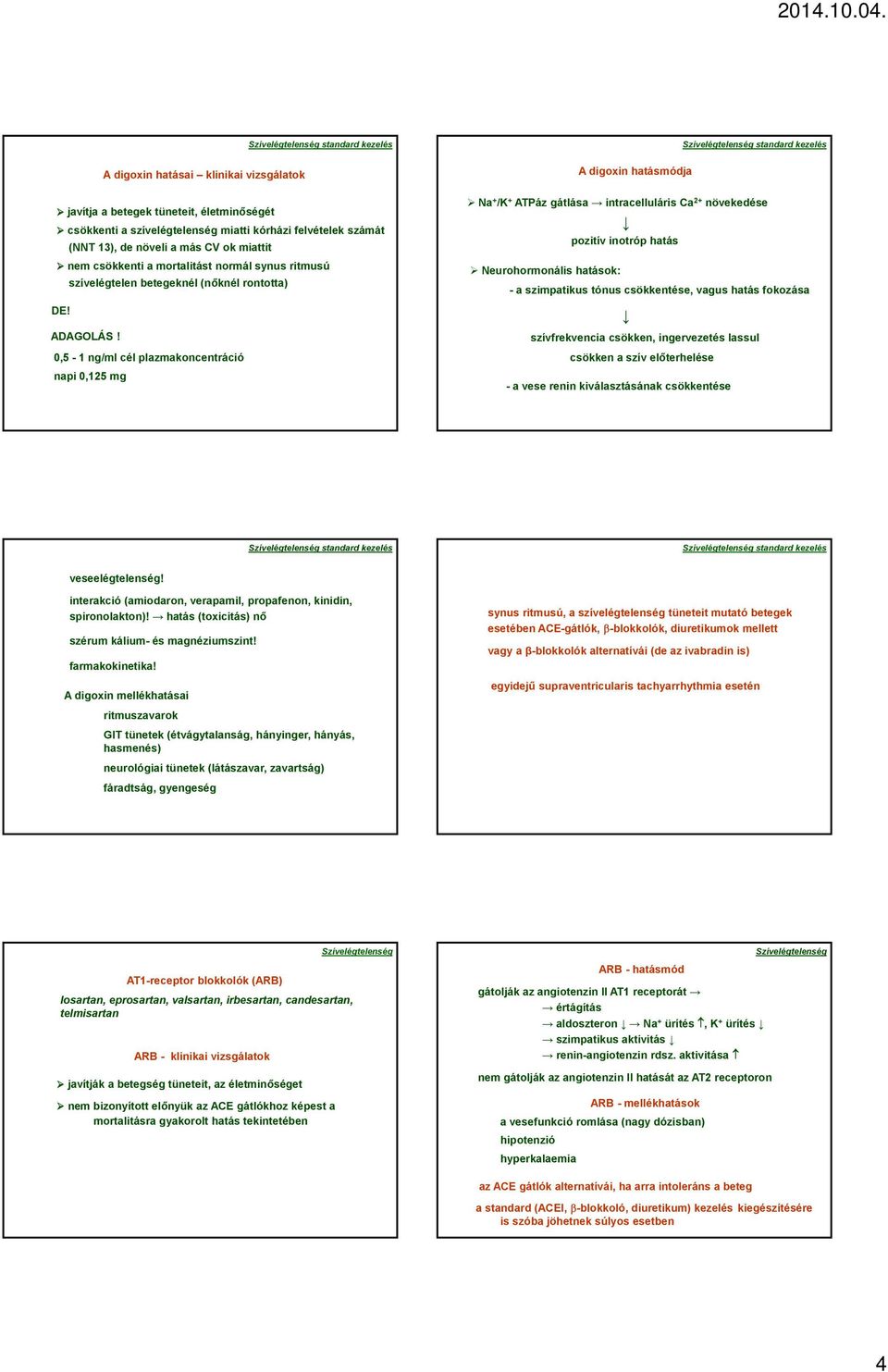 0,5-1 ng/ml cél plazmakoncentráció napi 0,125 mg A digoxin hatásmódja Na + /K + ATPáz gátlása intracelluláris Ca 2+ növekedése pozitív inotróp hatás Neurohormonális hatások: - a szimpatikus tónus