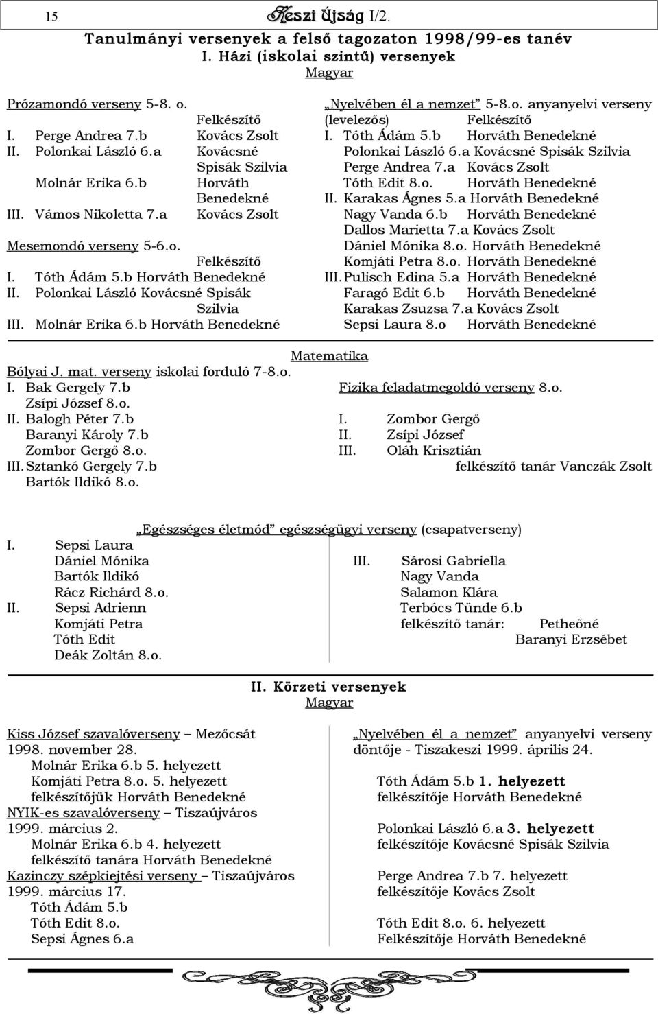 b I Nyelvében él a nemzet 5-8.o. anyanyelvi verseny (levelezős) Tóth Ádám 5.b Polonkai László 6.a Kovácsné Spisák Szilvia Perge Andrea 7.a Kovács Zsolt Tóth Edit 8.o. I Karakas Ágnes 5.a Nagy Vanda 6.