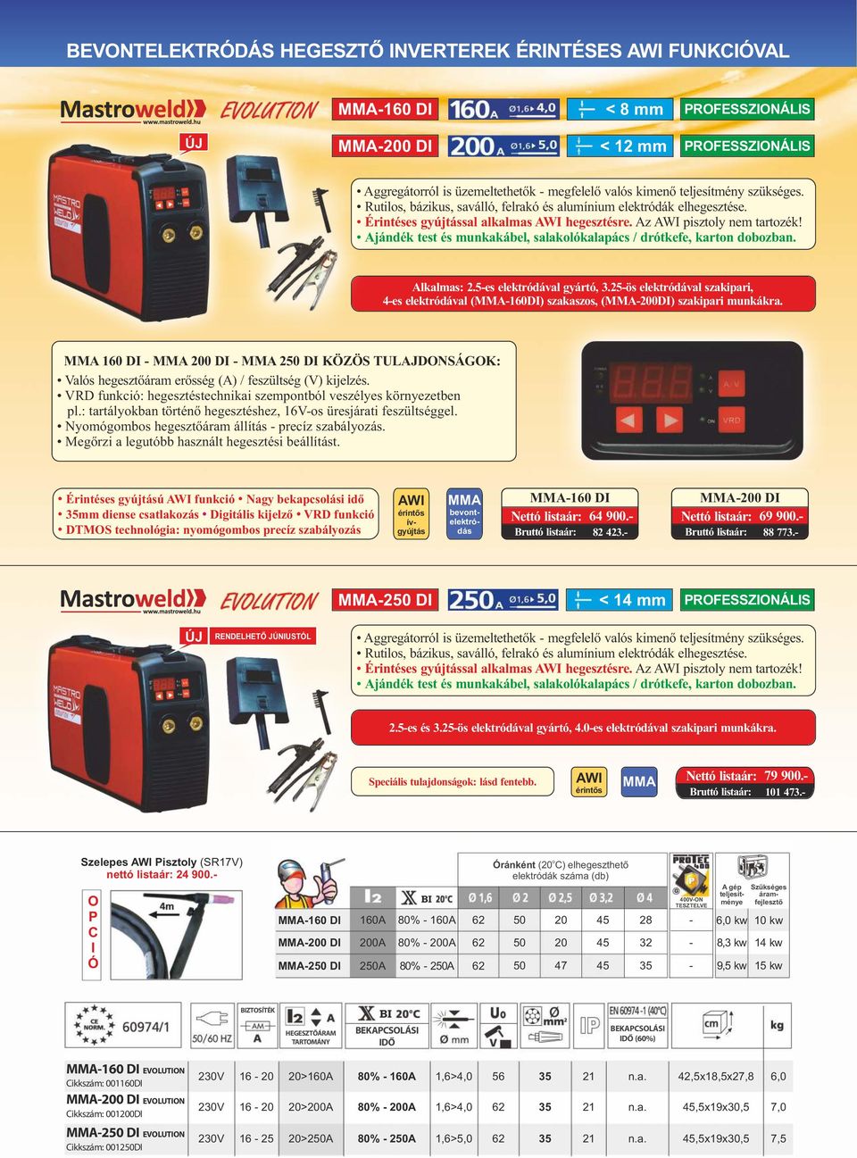 ös elektródával szakipari, 4es elektródával (160DI) szakaszos, (200DI) szakipari munkákra. 160 DI 200 DI 2 DI KÖZÖS TULAJDONSÁGOK: Valós hegesztőáram erősség (A) / feszültség (V) kijelzés.