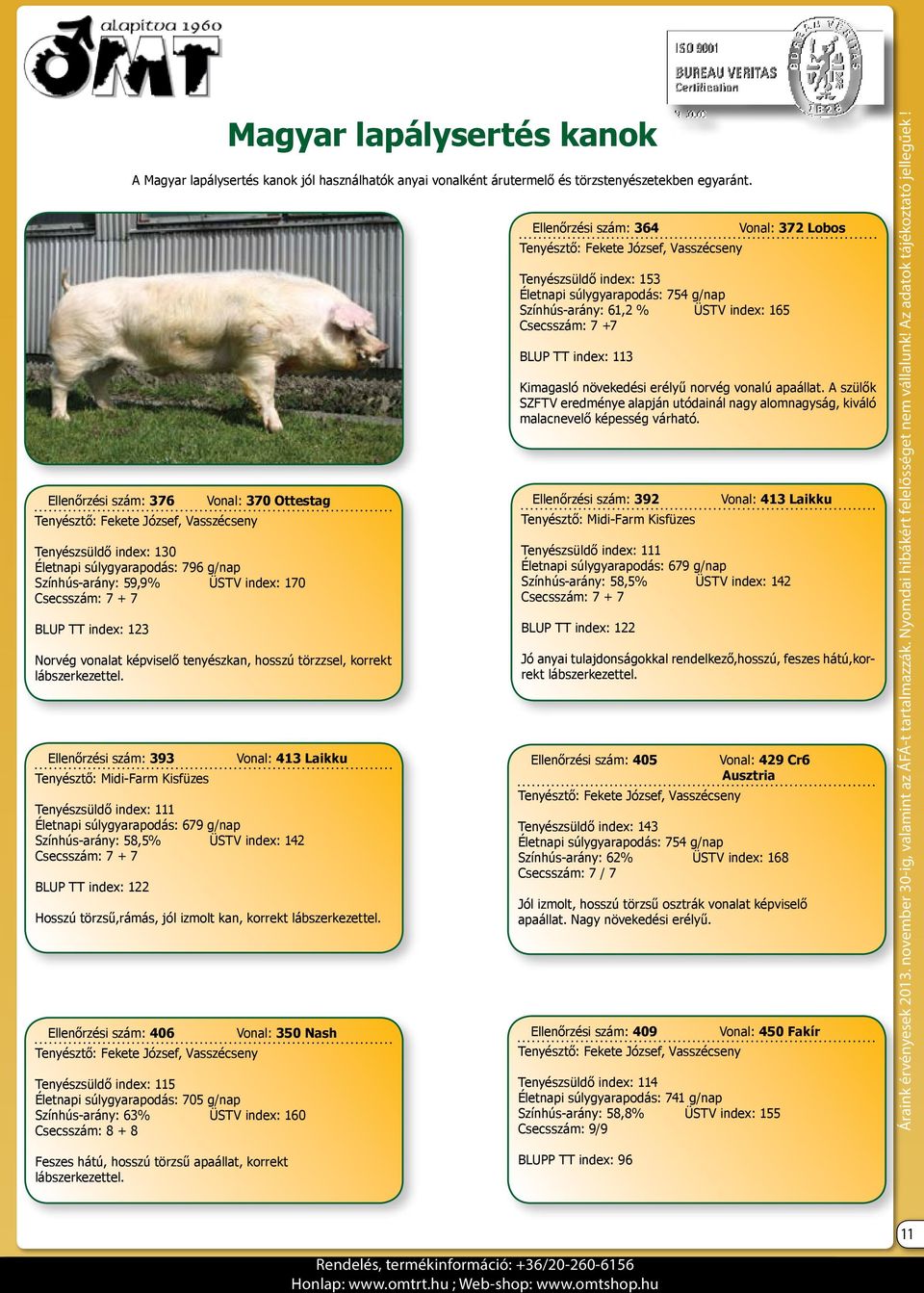 Ellenőrzési szám: 393 Tenyésztő: Midi-Farm Kisfüzes Vonal: 413 Laikku Tenyészsüldő index: 111 Életnapi súlygyarapodás: 679 g/nap Színhús-arány: 58,5% ÜSTV index: 142 Csecsszám: 7 + 7 BLUP TT index: