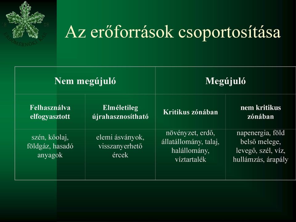 földgáz, hasadó anyagok elemi ásványok, visszanyerhető ércek növényzet, erdő,