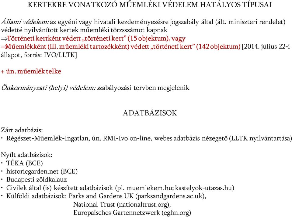 műemléki tartozékként) védett történeti kert (142 objektum) [2014. július 22-i állapot, forrás: IVO/LLTK] + ún.