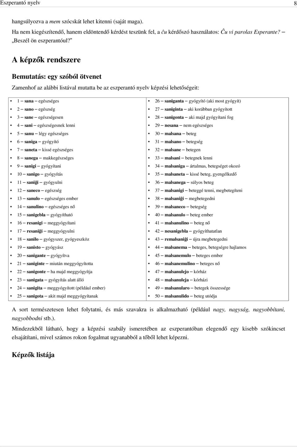 A képzők rendszere Bemutatás: egy szóból ötvenet Zamenhof az alábbi listával mutatta be az eszperantó nyelv képzési lehetőségeit: 1 sana egészséges 26 saniganta gyógyító (aki most gyógyít) 2 sano