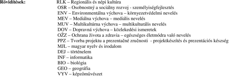 közlekedési ismeretek OŽZ Ochrana života a zdravia egészséges életmódra való nevelés PPZ Tvorba projektu a prezentačné zručnosti -