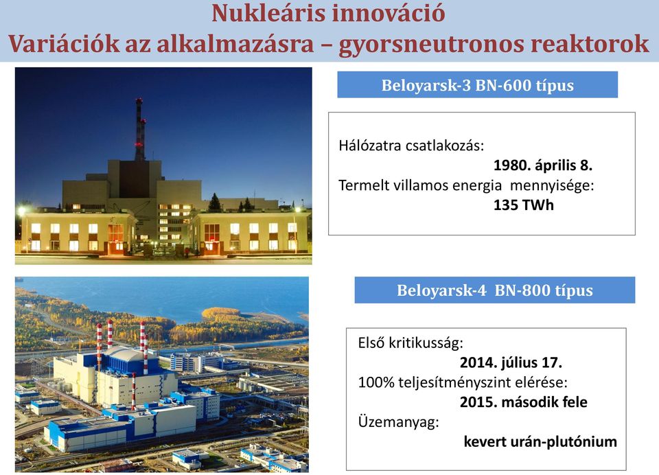 Termelt villamos energia mennyisége: 135 TWh Beloyarsk-4 BN-800 típus Első