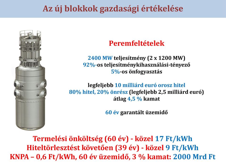 önrész (legfeljebb 2,5 milliárd euró) átlag 4,5 % kamat 60 év garantált üzemidő Termelési önköltség (60 év)