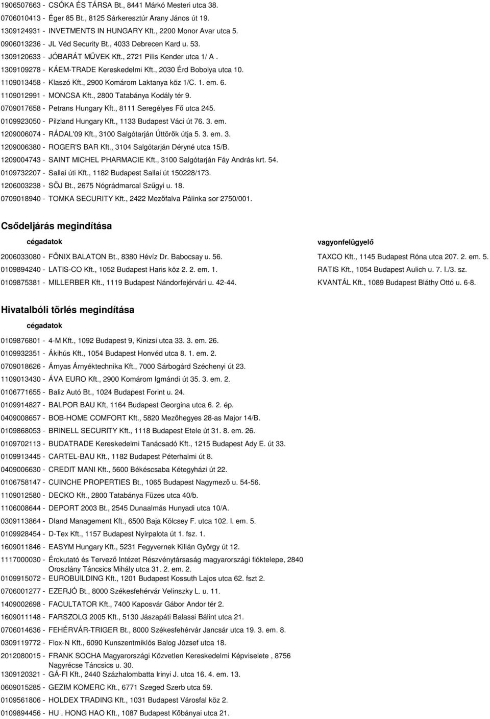 1109013458 - Klaszó Kft., 2900 Komárom Laktanya köz 1/C. 1. em. 6. 1109012991 - MONCSA Kft., 2800 Tatabánya Kodály tér 9. 0709017658 - Petrans Hungary Kft., 8111 Seregélyes Fő utca 245.