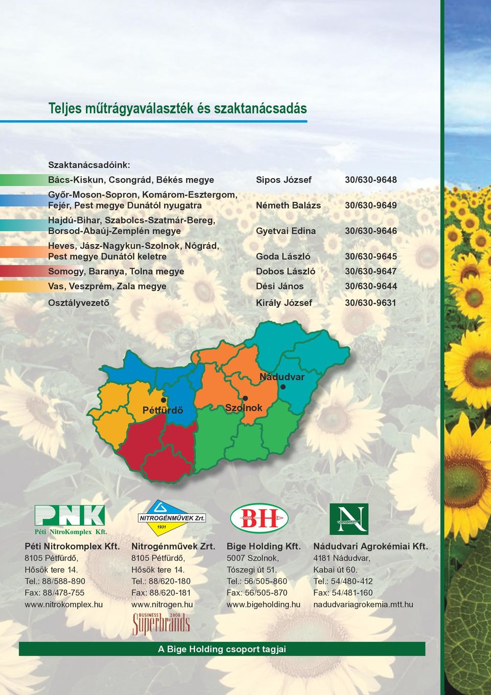 30/630-9645 Somogy, Baranya, Tolna megye Dobos László 30/630-9647 Vas, Veszprém, Zala megye Dési János 30/630-9644 Osztályvezető Király József 30/630-9631 Nádudvar Pétfürdő Szolnok Péti Nitrokomplex