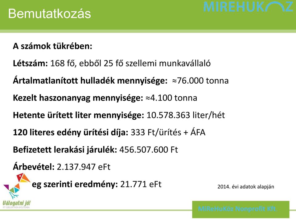 100 tonna Hetente ürített liter mennyisége: 10.578.