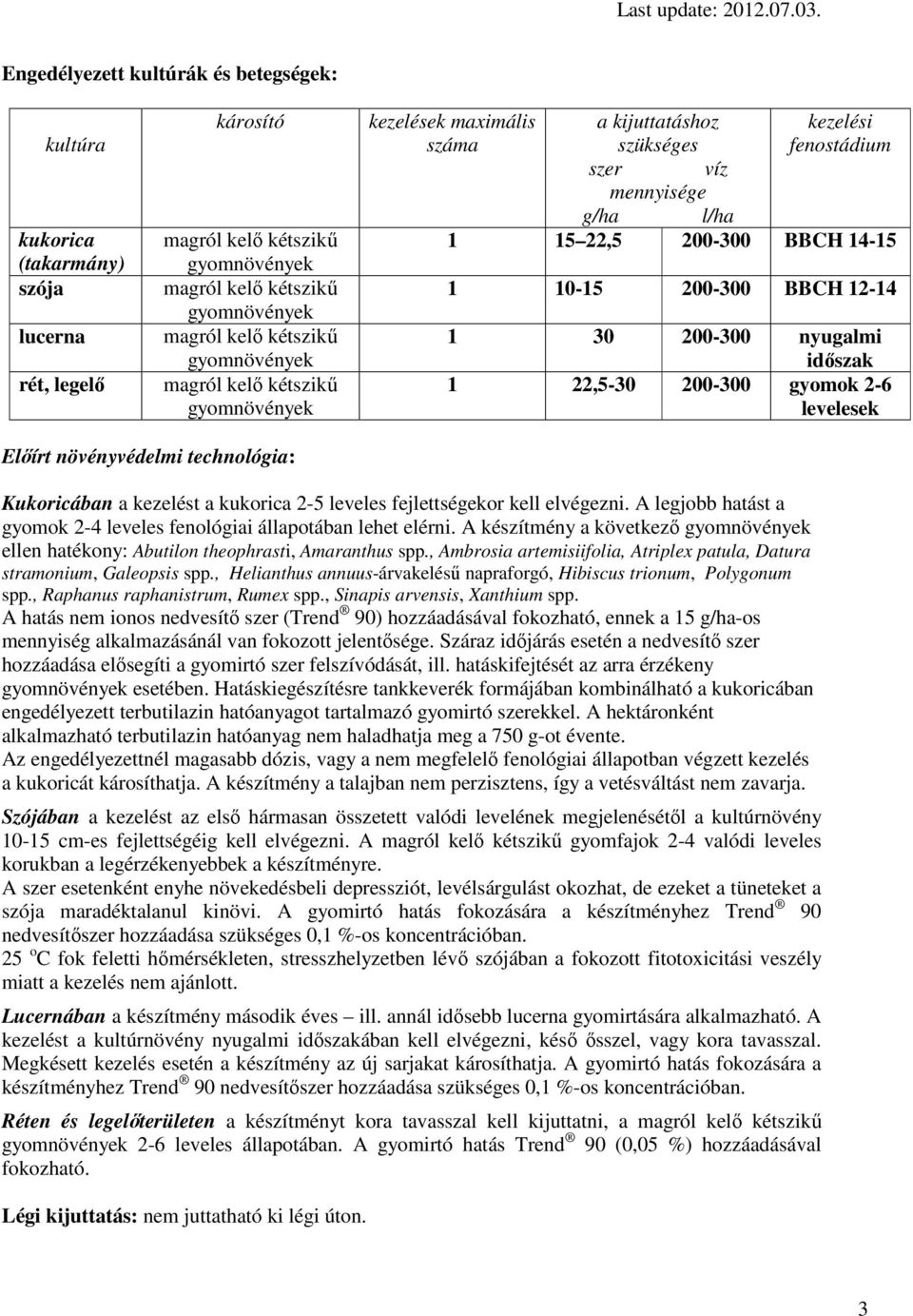 12-14 1 30 200-300 nyugalmi időszak 1 22,5-30 200-300 gyomok 2-6 levelesek Előírt növényvédelmi technológia: Kukoricában a kezelést a kukorica 2-5 leveles fejlettségekor kell elvégezni.