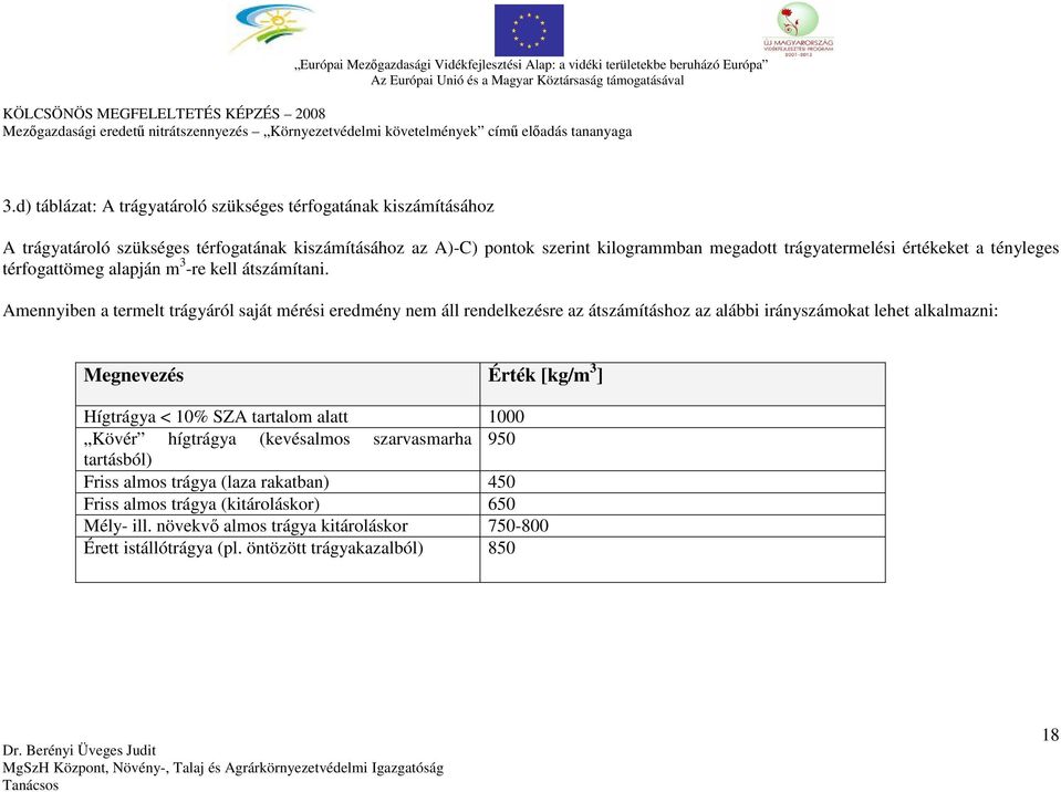 Amennyiben a termelt trágyáról saját mérési eredmény nem áll rendelkezésre az átszámításhoz az alábbi irányszámokat lehet alkalmazni: Megnevezés Érték [kg/m 3 ] Hígtrágya < 10% SZA tartalom