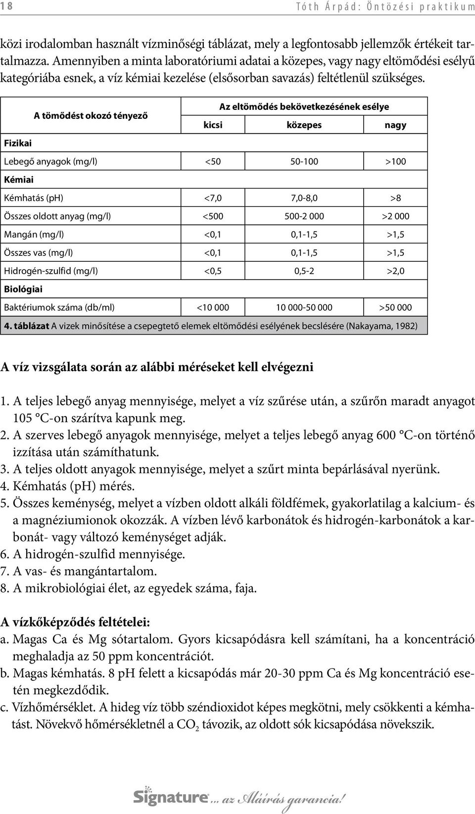 Az eltömődés bekövetkezésének esélye A tömődést okozó tényező kicsi közepes nagy Fizikai Lebegő anyagok (mg/l) <50 50-100 >100 Kémiai Kémhatás (ph) <7,0 7,0-8,0 >8 Összes oldott anyag (mg/l) <500