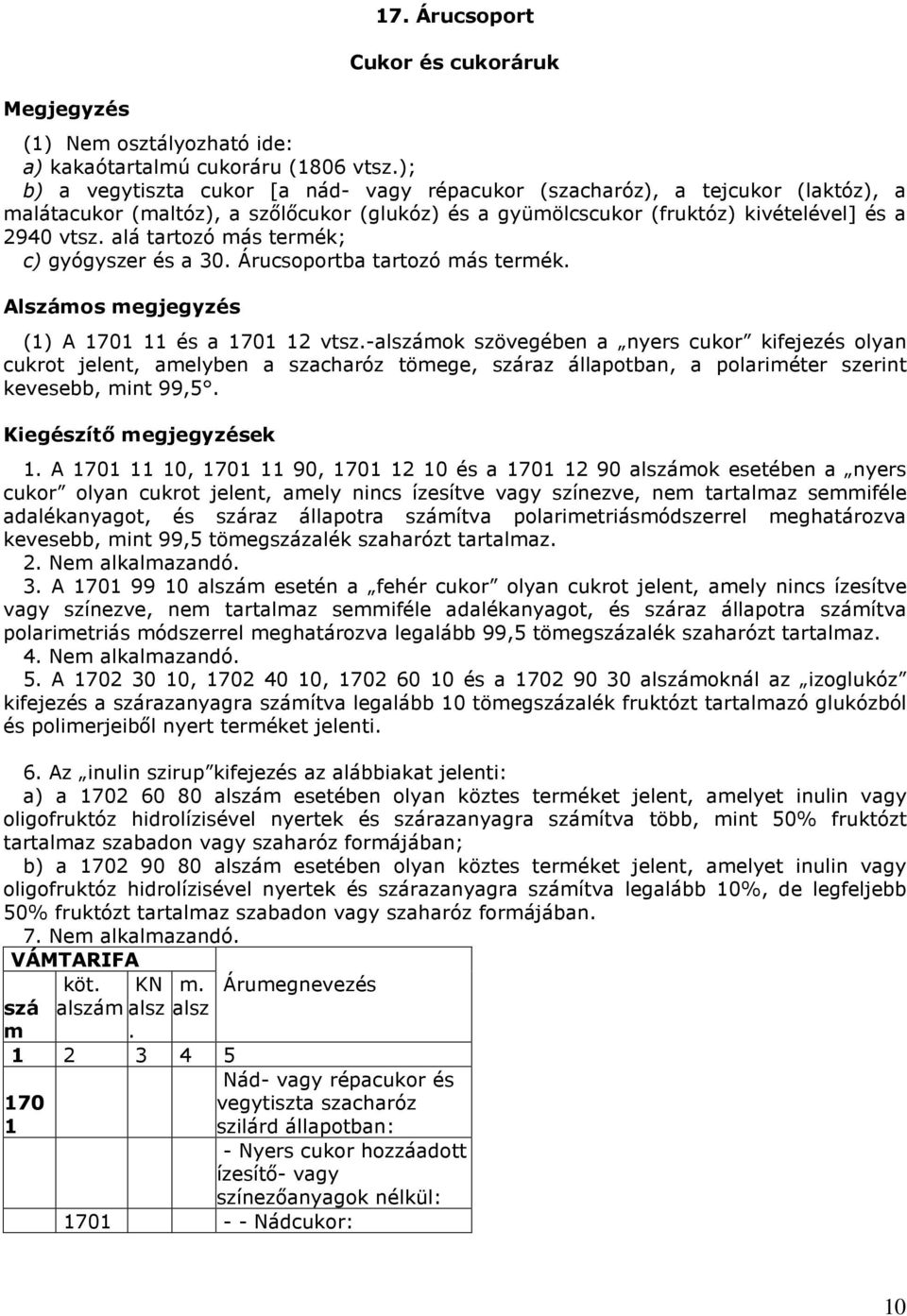 alá tartozó más termék; c) gyógyszer és a. Árucsoportba tartozó más termék. Alszámos megjegyzés (1) A 1701 11 és a 1701 12 vtsz.