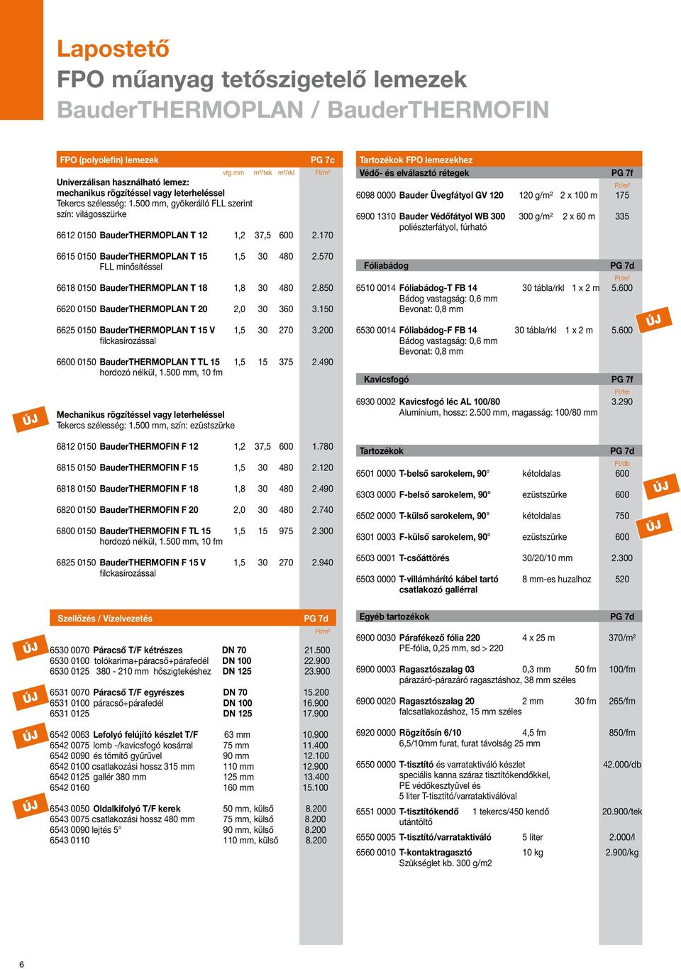 170 Tartozékok FPO lemezekhez Védő- és elválasztó rétegek 6098 0000 Bauder Üvegfátyol GV 120 120 g/m² 2 x 100 m 175 6900 1310 Bauder Védőfátyol WB 300 300 g/m² 2 x 60 m 335 poliészterfátyol, fúrható