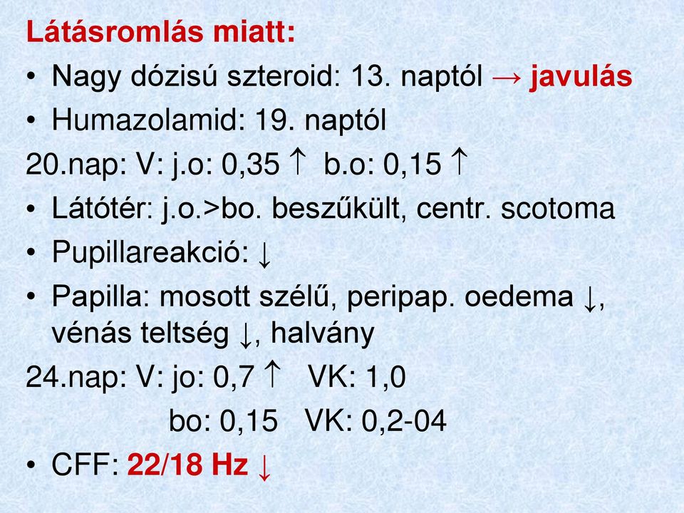 o: 0,15 Látótér: j.o.>bo. beszűkült, centr.