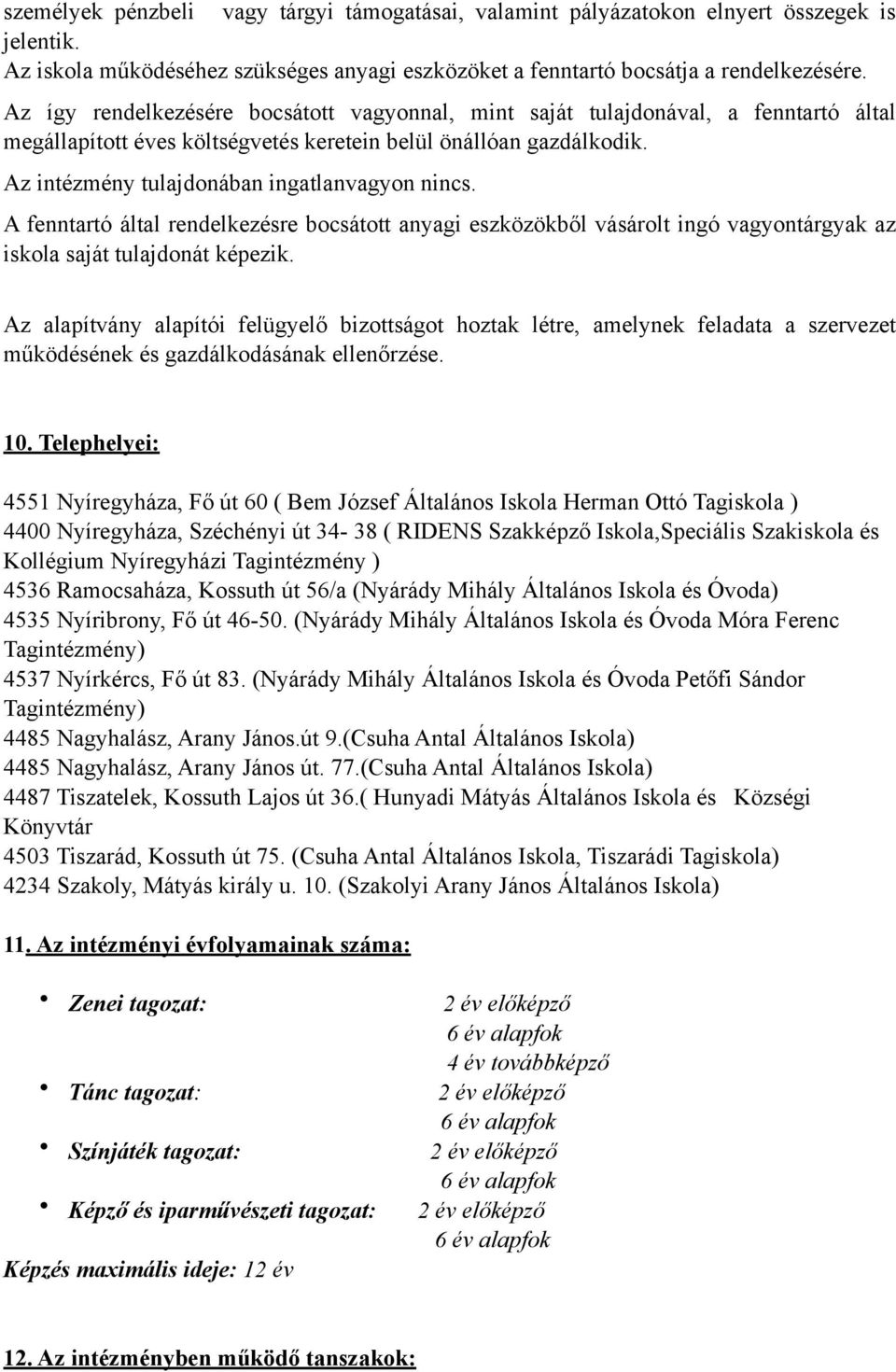 Az intézmény tulajdonában ingatlanvagyon nincs. A fenntartó által rendelkezésre bocsátott anyagi eszközökből vásárolt ingó vagyontárgyak az iskola saját tulajdonát képezik.
