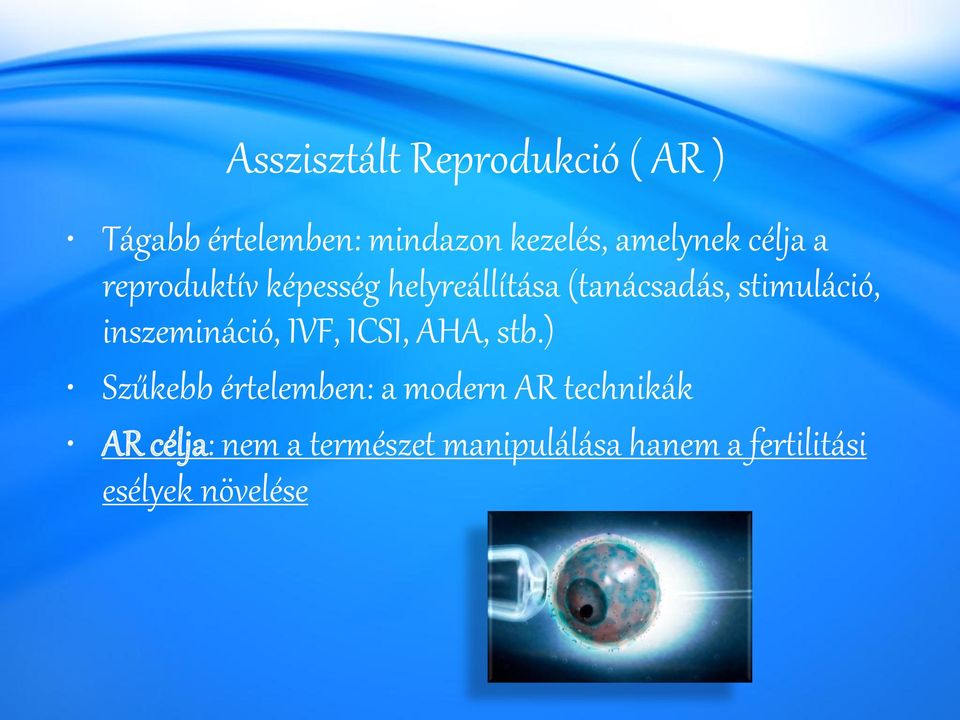 stimuláció, inszemináció, IVF, ICSI, AHA, stb.