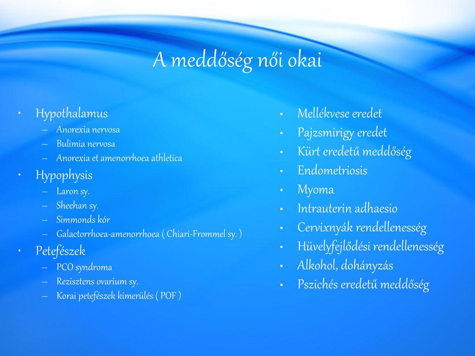 Korai petefészek kimerülés ( POF ) Mellékvese eredet Pajzsmirigy eredet Kürt eredetű meddőség Endometriosis Myoma