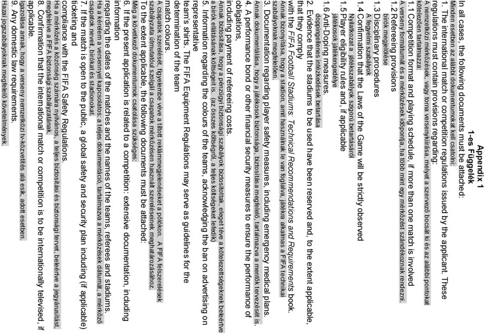 These regulations must contain provisions regarding: A nemzetközi mérkőzések, vagy torna versenykiírása, melyet a szervező bocsát ki és az alábbi pontokat kötelezően tartalmazza: 1.