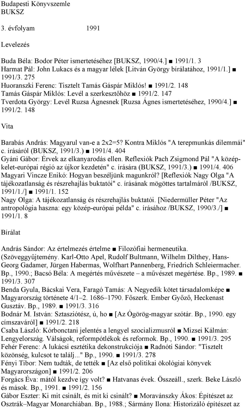 147 Tverdota György: Levél Ruzsa Ágnesnek [Ruzsa Ágnes ismertetéséhez, 1990/4.] 1991/2. 148 Vita Barabás András: Magyarul van-e a 2x2=5? Kontra Miklós "A terepmunkás dilemmái" c.