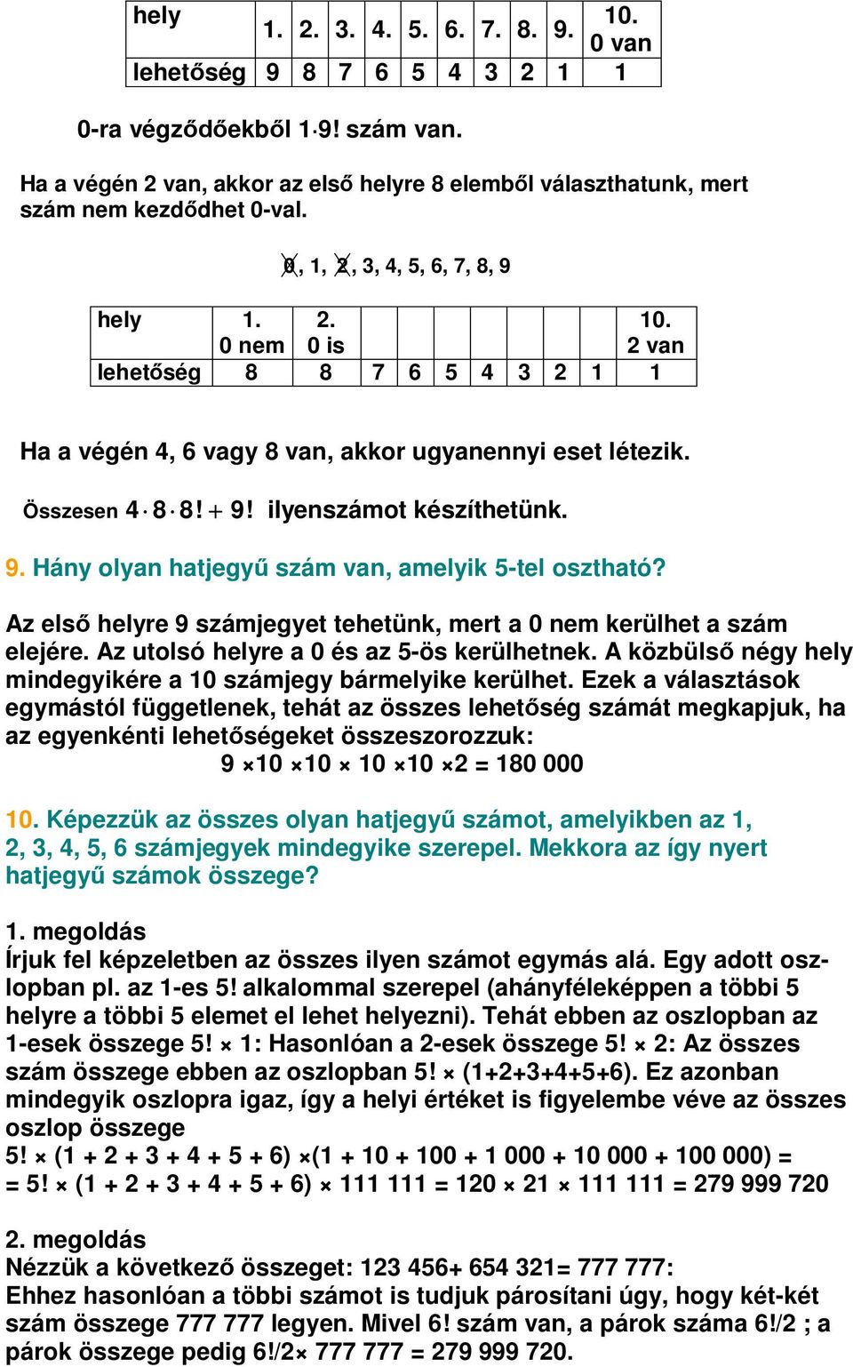 Az els helyre 9 számjegyet tehetünk, mert a 0 nem kerülhet a szám elejére. Az utolsó helyre a 0 és az 5-ös kerülhetnek. A közbüls négy hely mindegyikére a 10 számjegy bármelyike kerülhet.