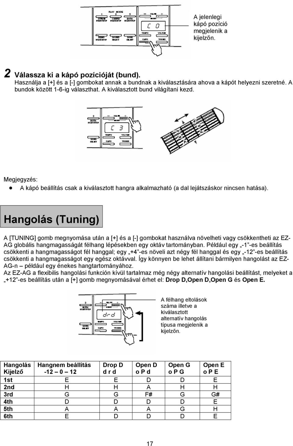 Hangolás (Tuning) A [TUNING] gomb megnyomása után a [+] és a [-] gombokat használva növelheti vagy csökkentheti az EZ- AG globális hangmagasságát félhang lépésekben egy oktáv tartományban.